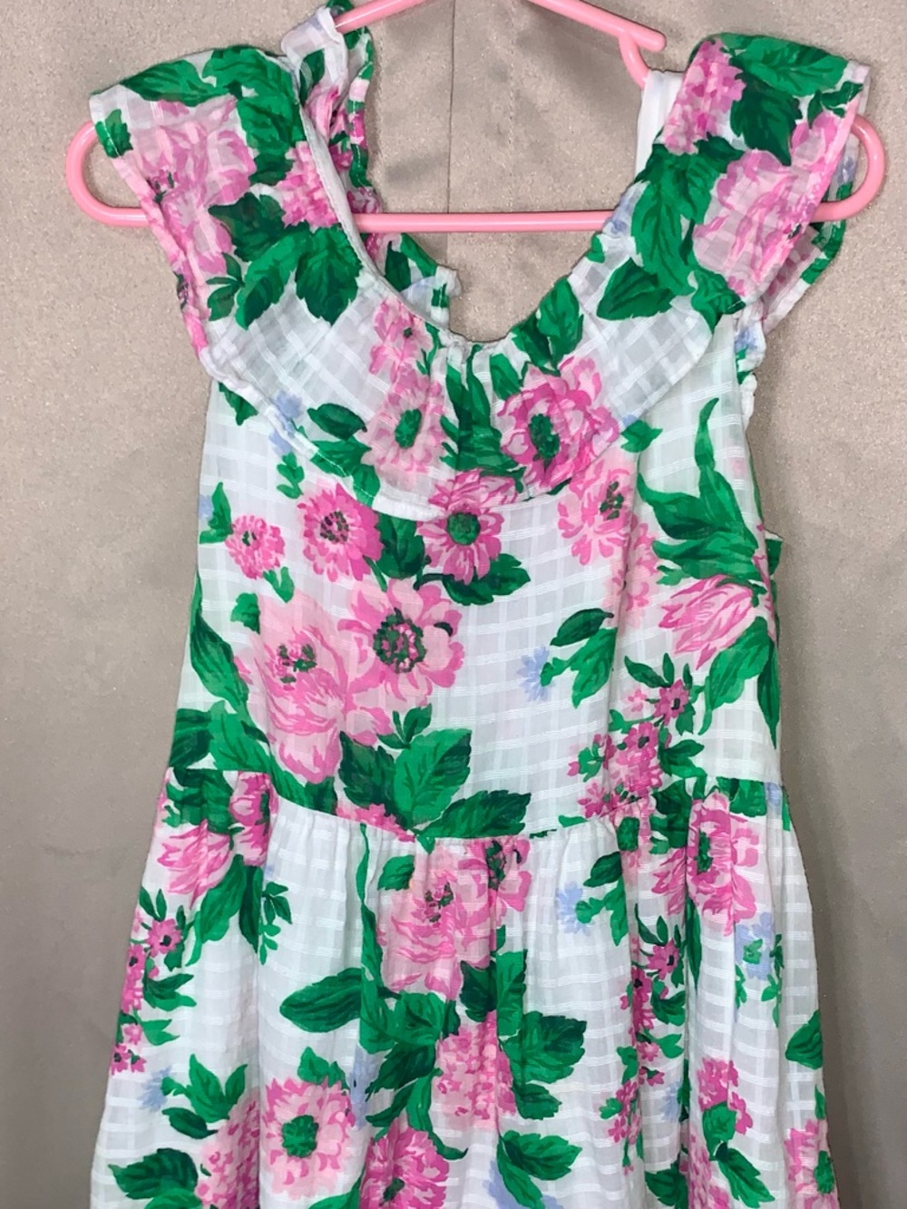 Janie and Jack White Sundress with Pink Floral Print and Green Leaves